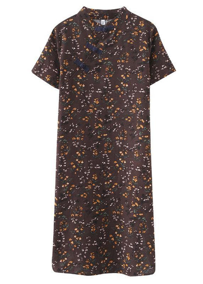 Simple Chocolate Print Oriental Maxi Summer Cotton Dress