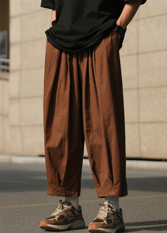 Simple Chocolate Elastic Waist Cotton Crop Pants Summer