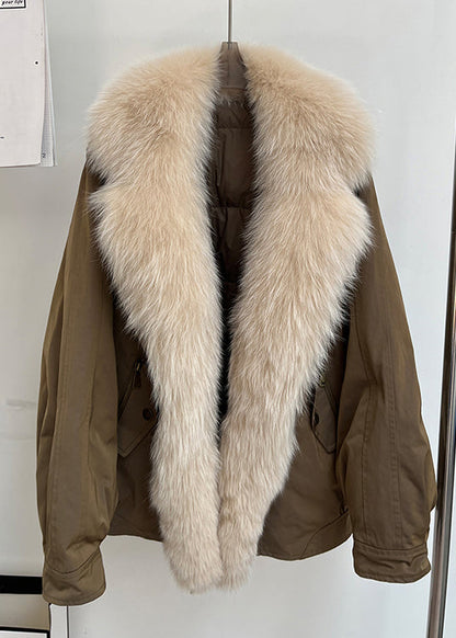 Simple Coffee Fur Collar Removable Pockets Cotton Blend Parka