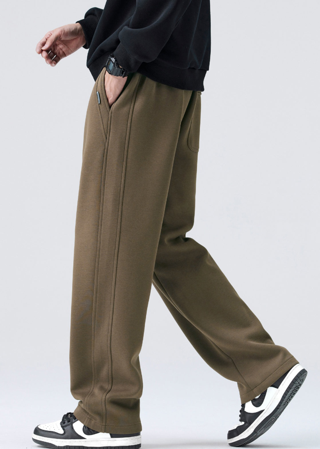Simple Coffee Lace Up Elastic Waist Warm Fleece Pants Spring