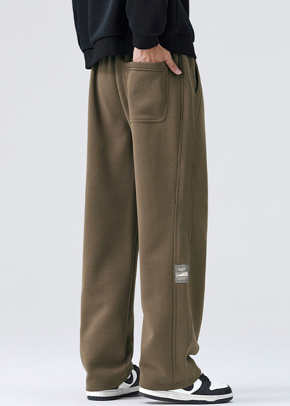 Simple Coffee Lace Up Elastic Waist Warm Fleece Pants Spring