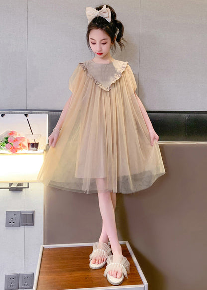 Simple Coffee O-neck Patchwork Layered Tulle Kids Maxi Dresses Short Sleeve