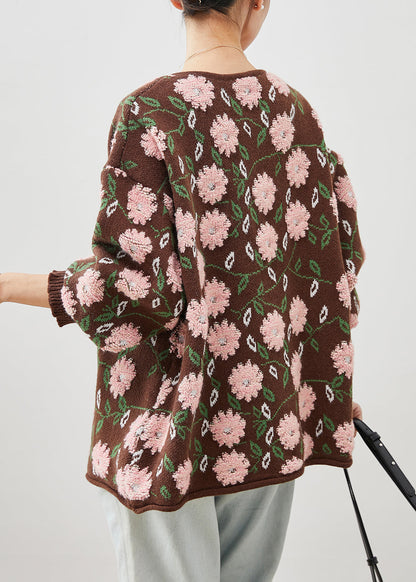 Simple Coffee Oversized Jacquard Knit Cardigan Winter