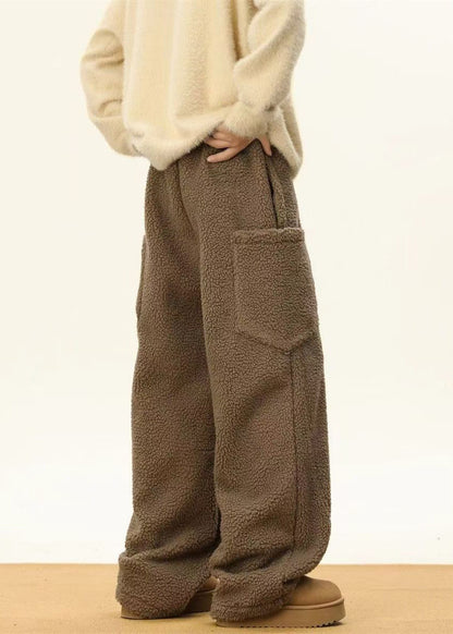 Simple Coffee Pockets Elastic Waist Teddy Faux Fur Pants Winter