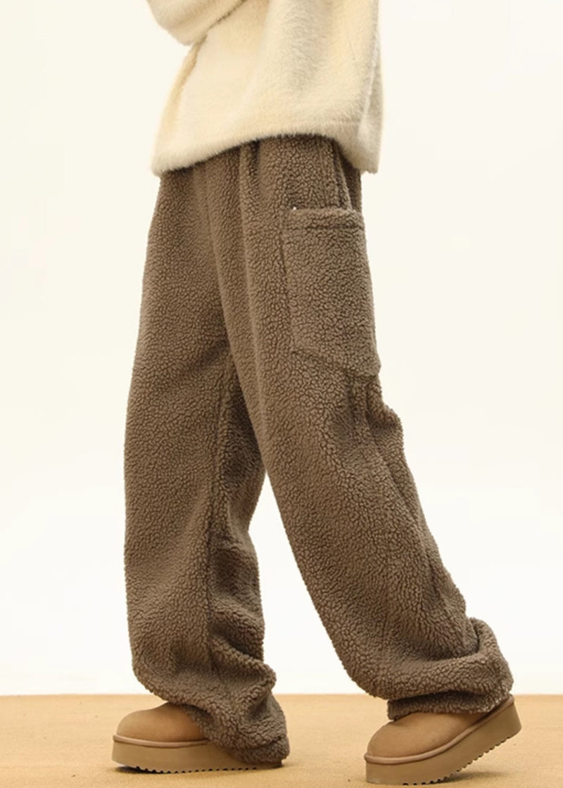 Simple Coffee Pockets Elastic Waist Teddy Faux Fur Pants Winter