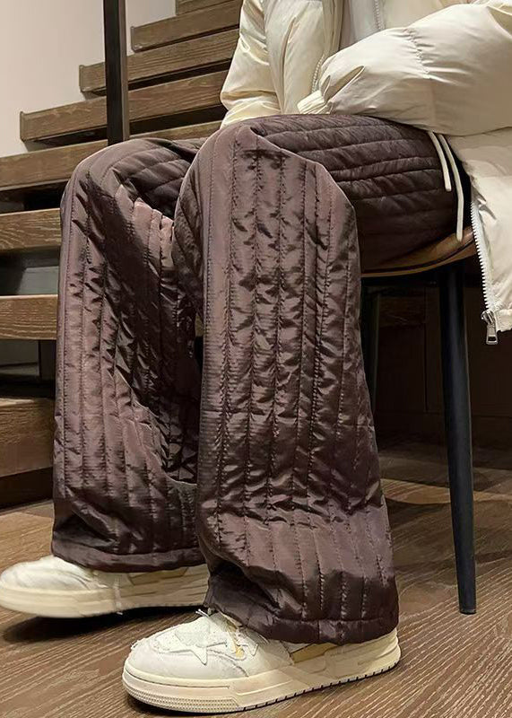 Simple Coffee Pockets Elastic Waist Cotton Filled Pants Winter
