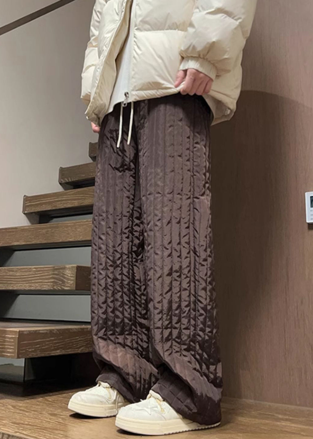 Simple Coffee Pockets Elastic Waist Cotton Filled Pants Winter