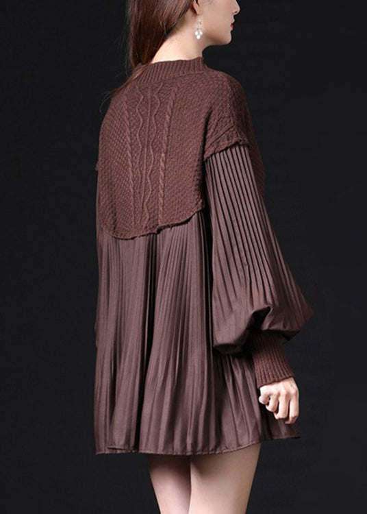 Simple Chocolate Ruffled Knit Knitted Tops Lantern Sleeve