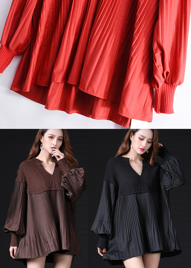 Simple Chocolate Ruffled Knit Knitted Tops Lantern Sleeve