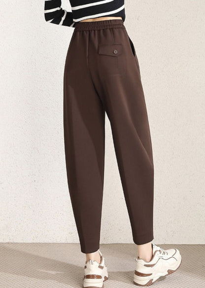 Simple Coffee Pockets High Waist Cotton Crop Pants Spring
