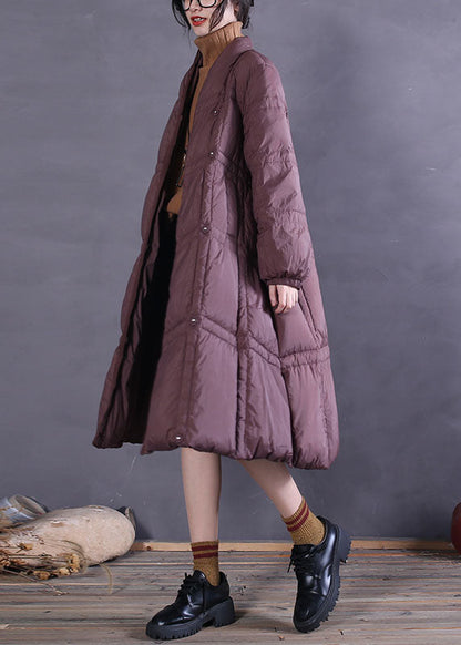 Simple Chocolate V Neck Pockets Duck Down Winter Down Coat