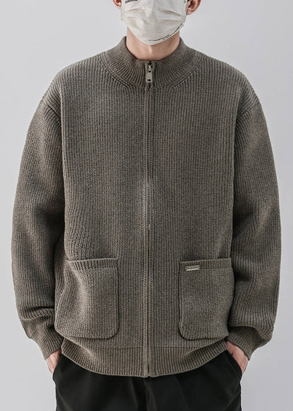 Simple Coffee Zip Up Pockets Knit Coats Spring