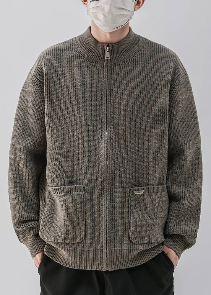 Simple Coffee Zip Up Pockets Knit Coats Spring