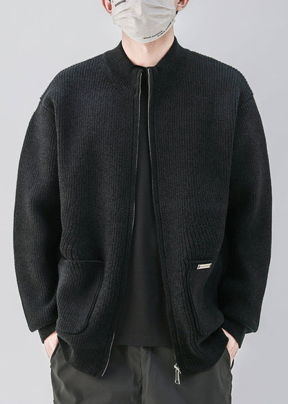 Simple Coffee Zip Up Pockets Knit Coats Spring