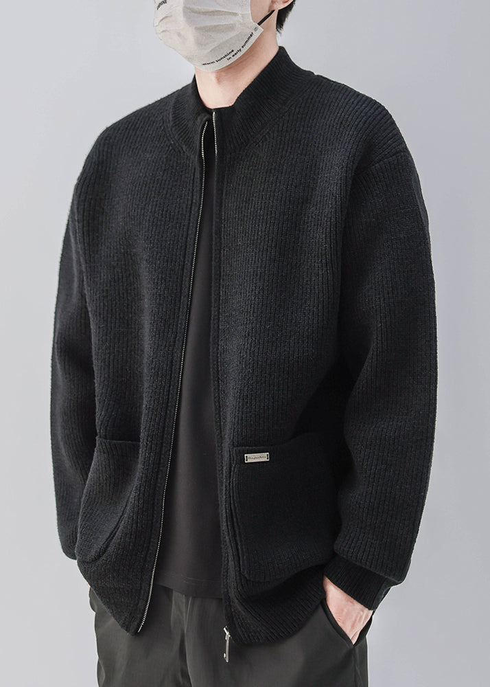 Simple Coffee Zip Up Pockets Knit Coats Spring