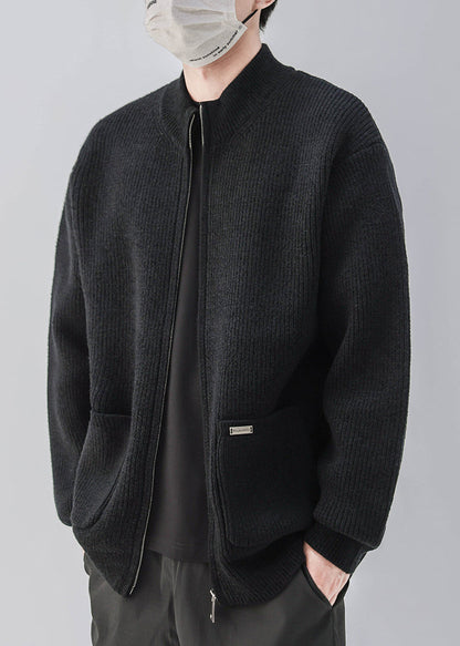 Simple Coffee Zip Up Pockets Knit Coats Spring