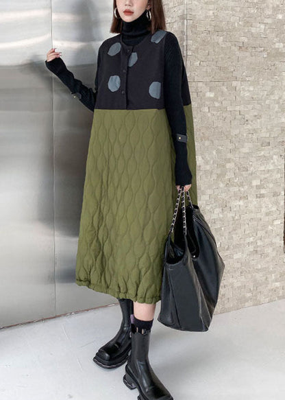 Simple Colorblock O-neck Woolen Patchwork Fine Cotton Filled Maxi Dresses Winter