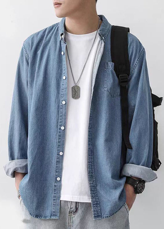 Simple Dark Blue Peter Pan Collar Button Denim Men Shirts Spring