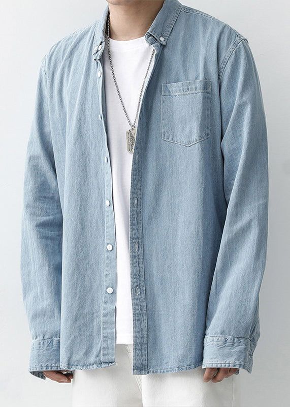 Simple Dark Blue Peter Pan Collar Button Denim Men Shirts Spring