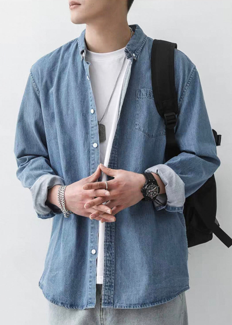 Simple Dark Blue Peter Pan Collar Button Denim Shirts Spring