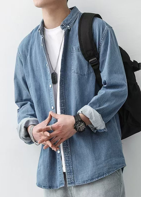 Simple Dark Blue Peter Pan Collar Button Denim Shirts Spring