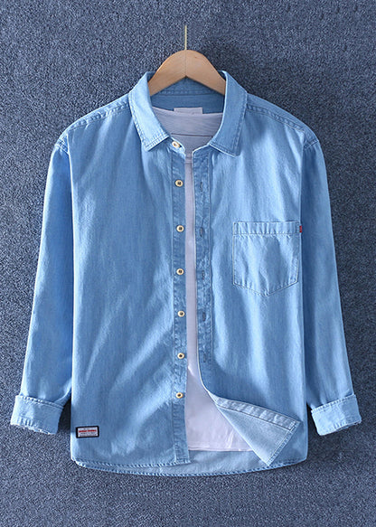 Simple Dark Blue Peter Pan Collar Pockets Solid Denim Men Shirts Spring