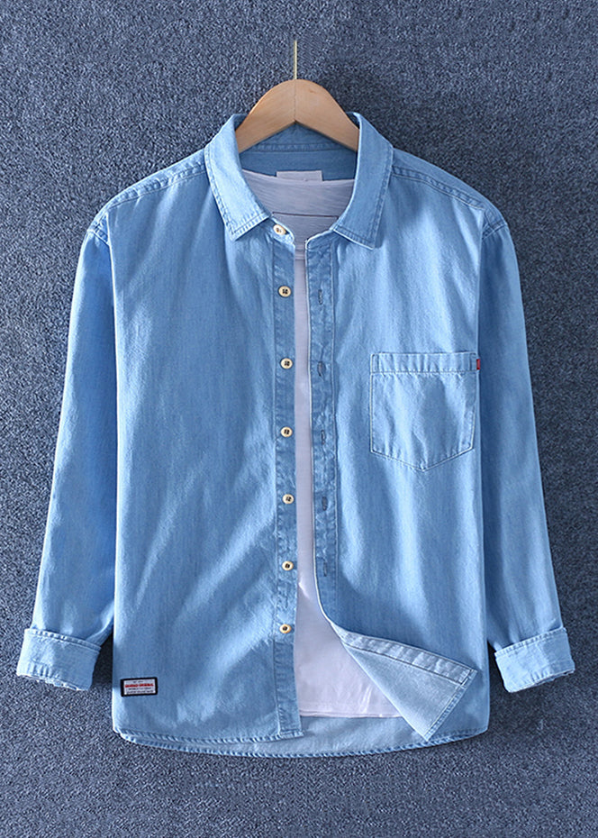 Simple Dark Blue Peter Pan Collar Pockets Denim Shirts Spring