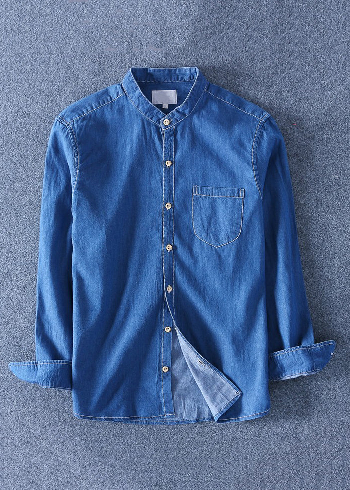 Simple Dark Blue Peter Pan Collar Pockets Denim Shirts Spring