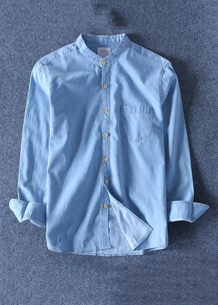 Simple Dark Blue Peter Pan Collar Pockets Denim Shirts Spring
