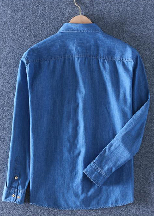 Simple Dark Blue Peter Pan Collar Pockets Solid Denim Men Shirts Spring