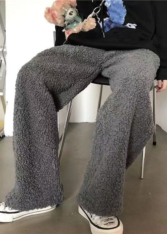 Simple Dark Gray Drawstring Teddy Faux Fur Beam Pants Winter