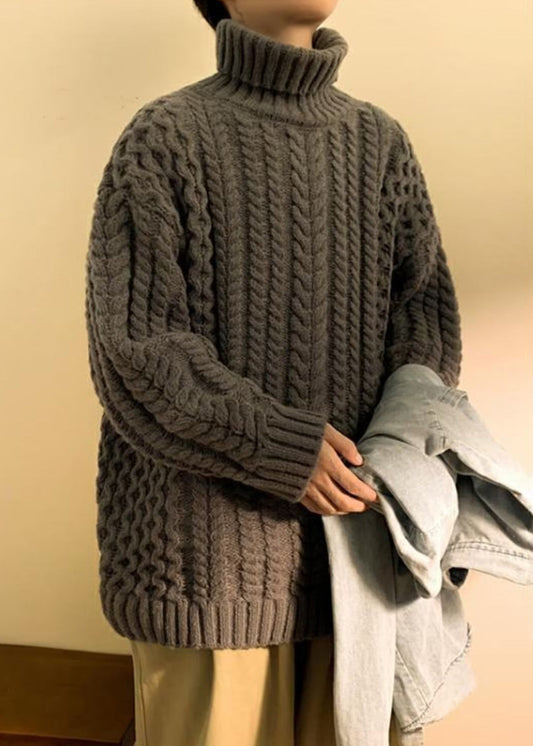 Simple Dark Gray Turtleneck Thick Cable Cotton Knit Sweater Winter