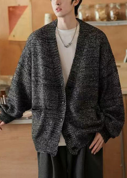 Simple Dark Gray V Neck Pockets Knit Cardigans Spring
