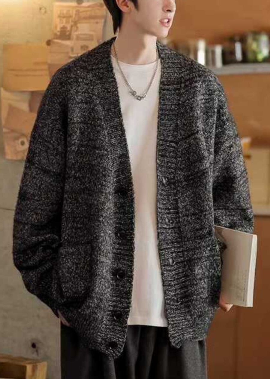 Simple Dark Gray V Neck Pockets Knit Cardigans Spring