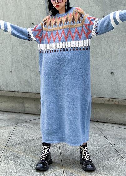 Simple Geometric Sweater Winter Dresses Classy Blue O Neck Fuzzy Knit Dresses