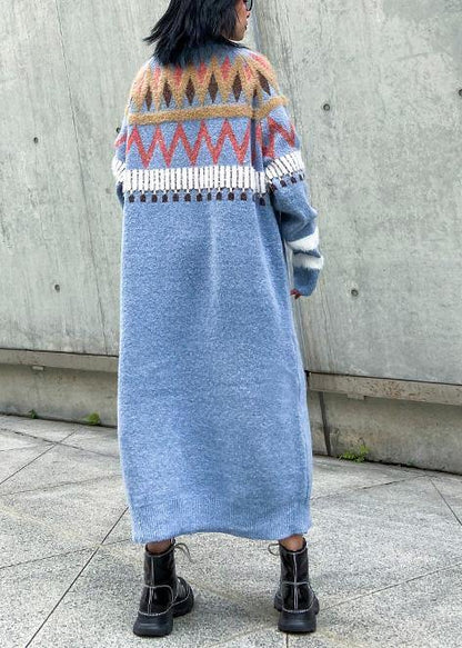 Simple Geometric Sweater Winter Dresses Classy Blue O Neck Fuzzy Knit Dresses