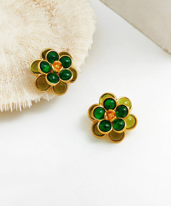 Simple Green Copper Glod Plated Stud Earrings