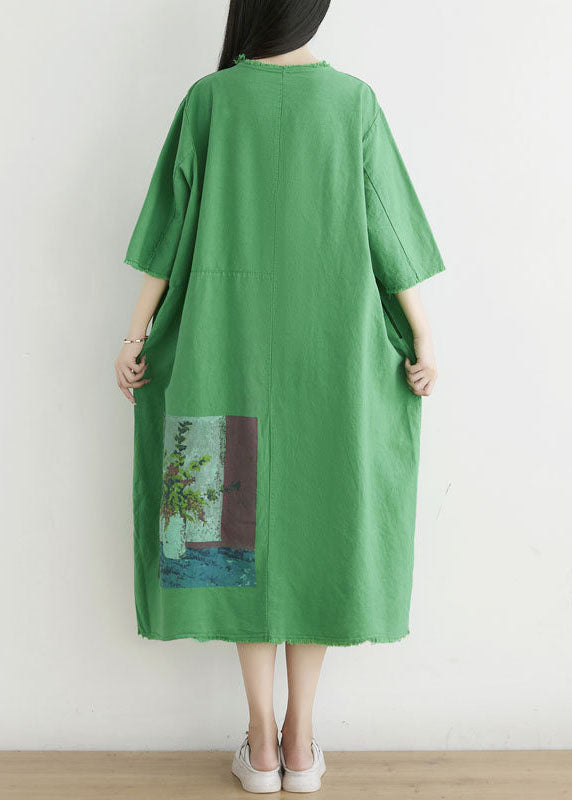 Simple Green O-neck Oversized Print Cotton Dress Half Sleeve