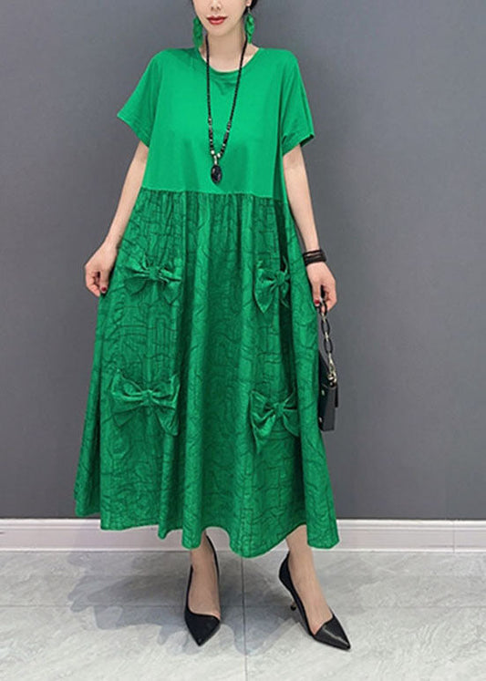 Simple Green O-neck Patchwork Jacquard Cotton Long Dresses Summer
