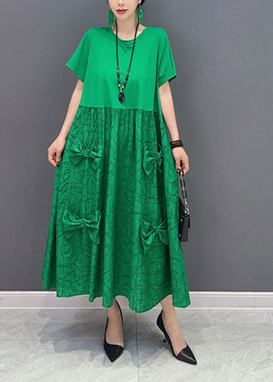 Simple Green O-neck Patchwork Jacquard Cotton Long Dresses Summer