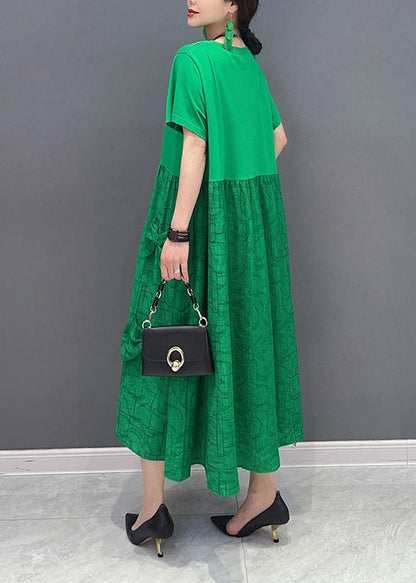 Simple Green O-neck Patchwork Jacquard Cotton Long Dresses Summer