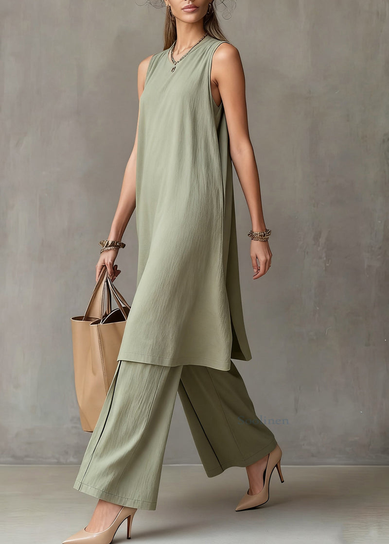 Simple Green O-neck Tank Dress and Wide Leg Pants Cotton Two Piece Set Sleeveless