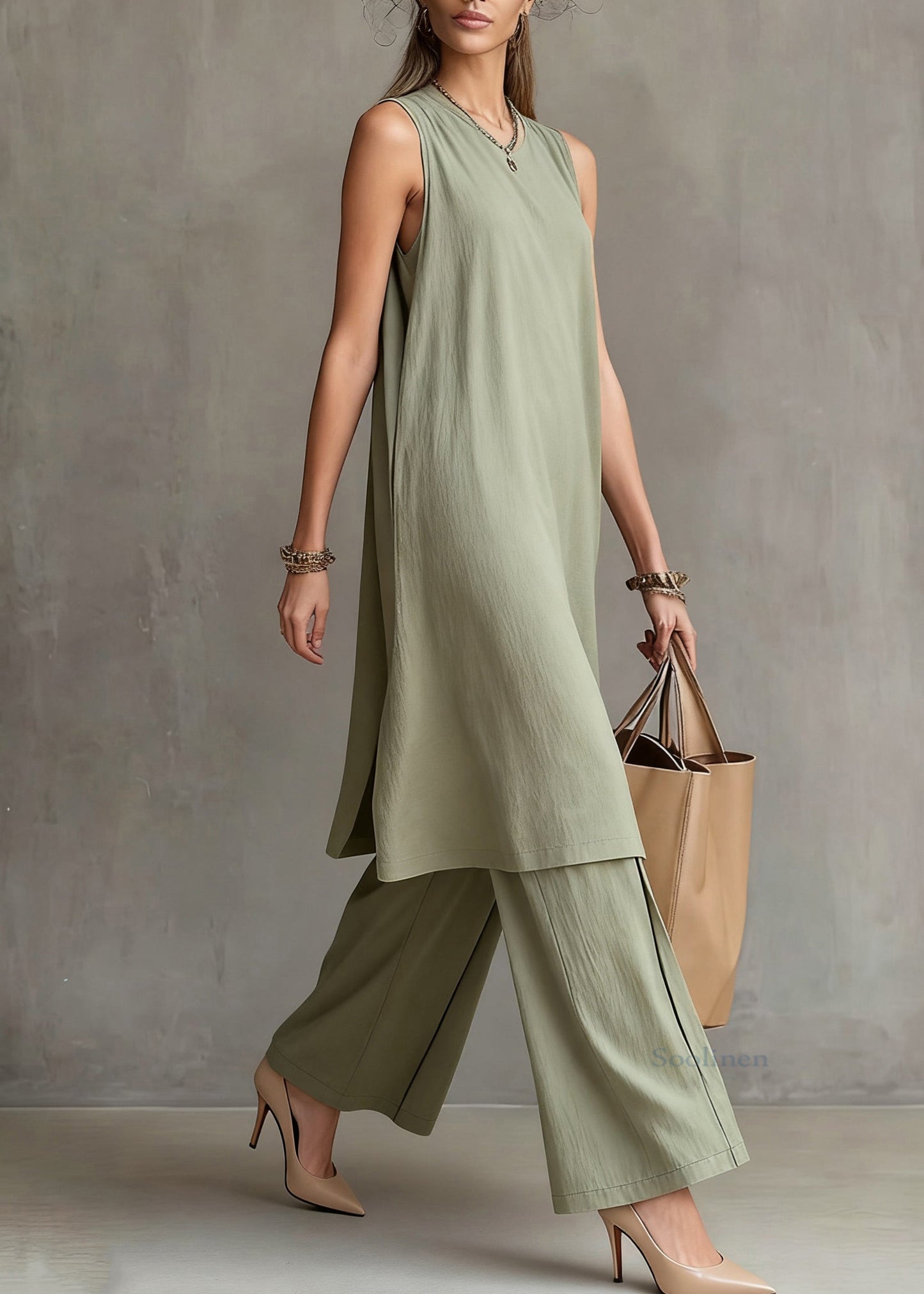 Simple Green O-neck Tank Dress and Wide Leg Pants Cotton Two Piece Set Sleeveless
