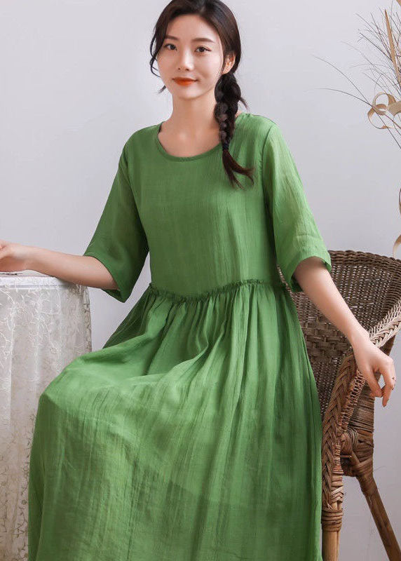 Simple Green O Neck Wrinkled Patchwork Cotton Blend Dress Summer