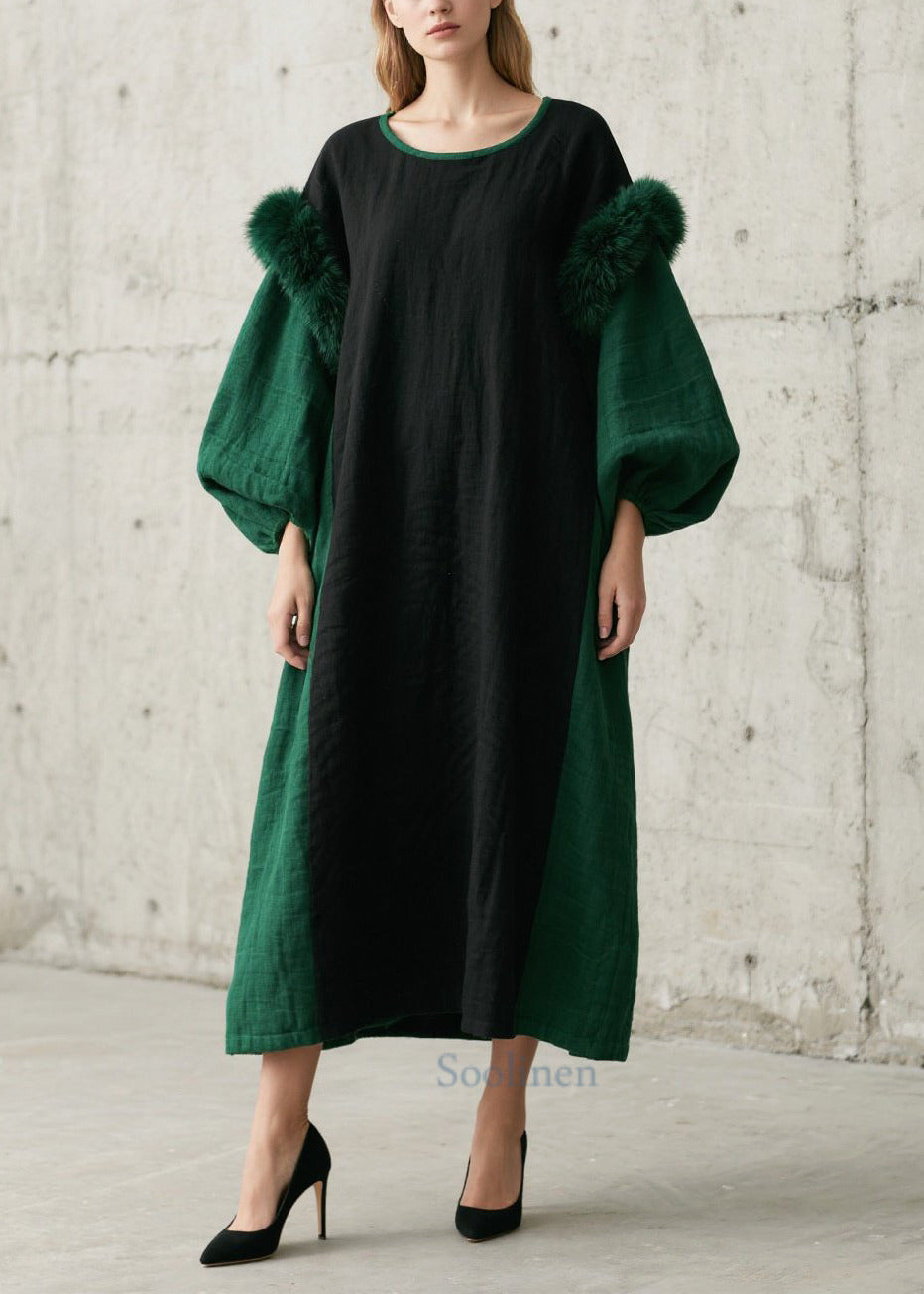 Simple Green Oversized Patchwork Faux Fur Dresses Lantern Sleeve