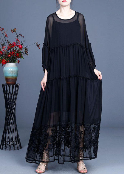 Simple Green Patchwork Lace Embroideried Hollow Out Summer Dress