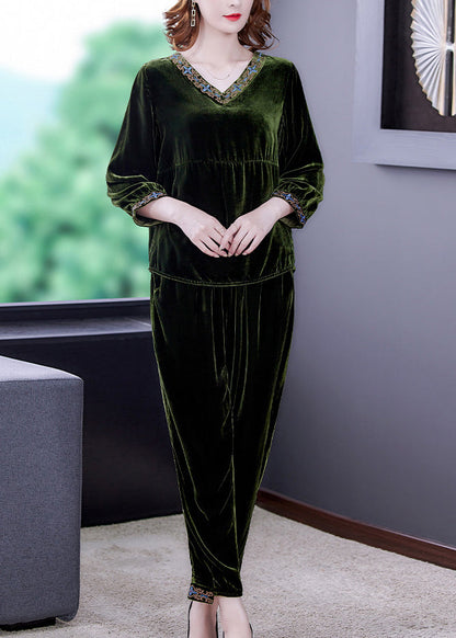 Simple Green Patchwork Silk Velour Pullover and Harem Pants Two Piece Set Fall
