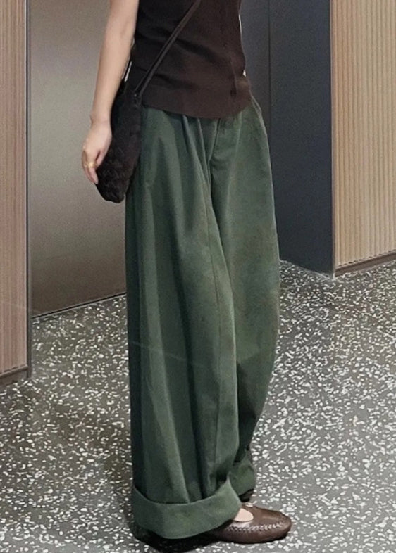 Simple Green Pockets High Waist Cotton Wide Leg Pants Spring