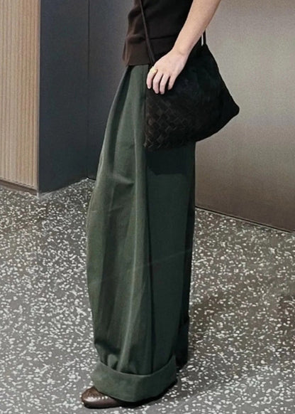Simple Green Pockets High Waist Cotton Wide Leg Pants Spring