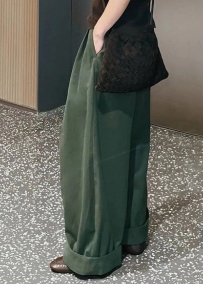Simple Green Pockets High Waist Cotton Wide Leg Pants Spring